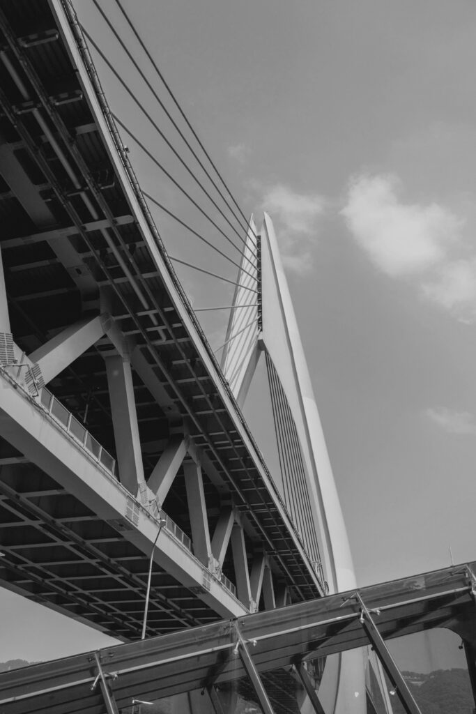 Abstract black and white photo of a suspension bridge